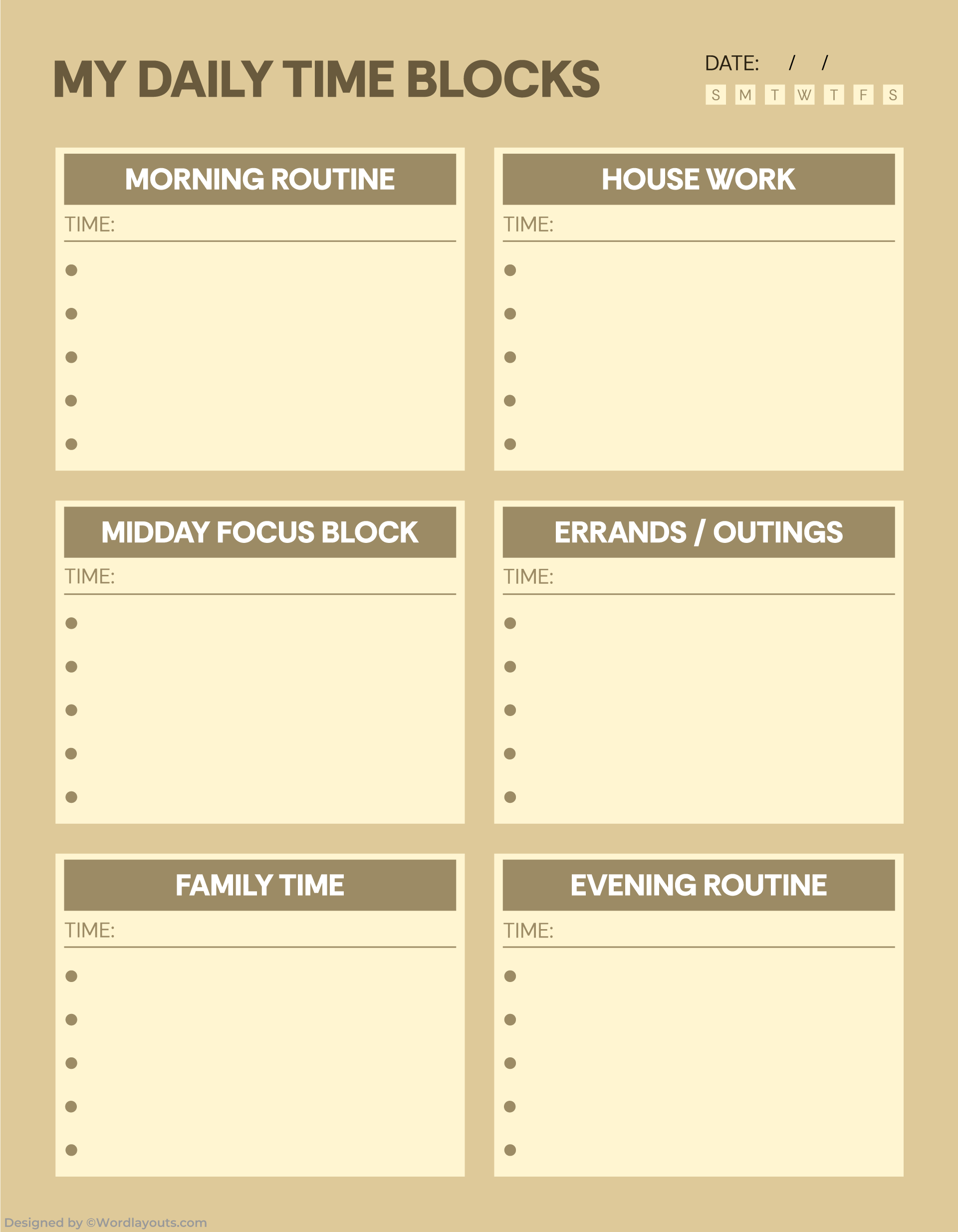Modular routine building blocks organized in a structured grid representing morning, daytime, and evening phases